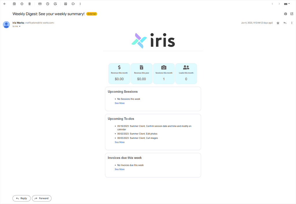 Weekly email reports by Iris Works