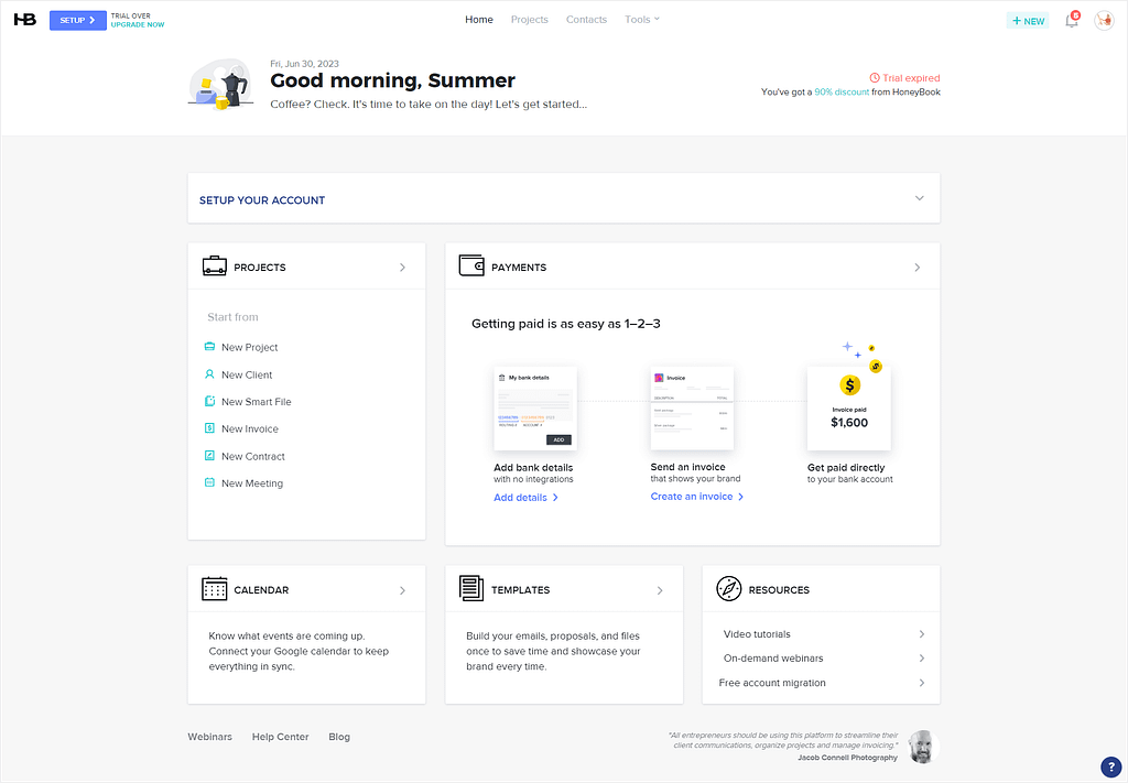 HoneyBook's dashboard