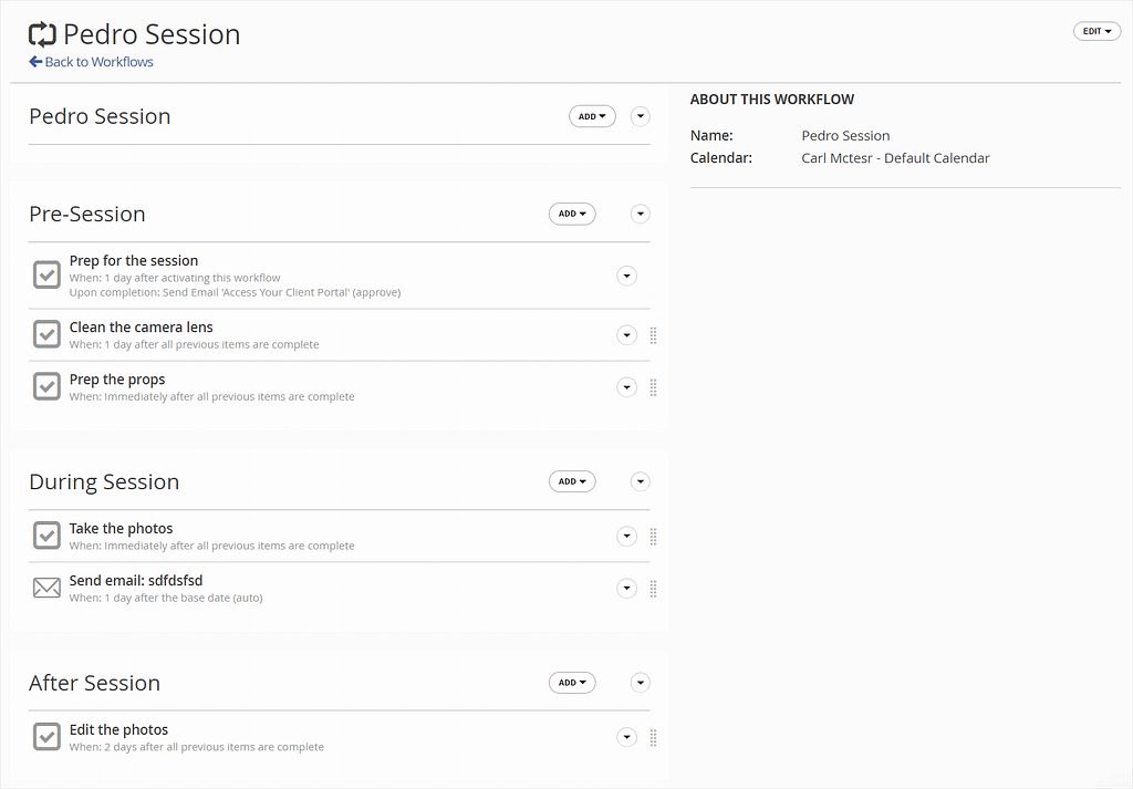 Workflow with phases, tasks, actions, and pause items in 17hats