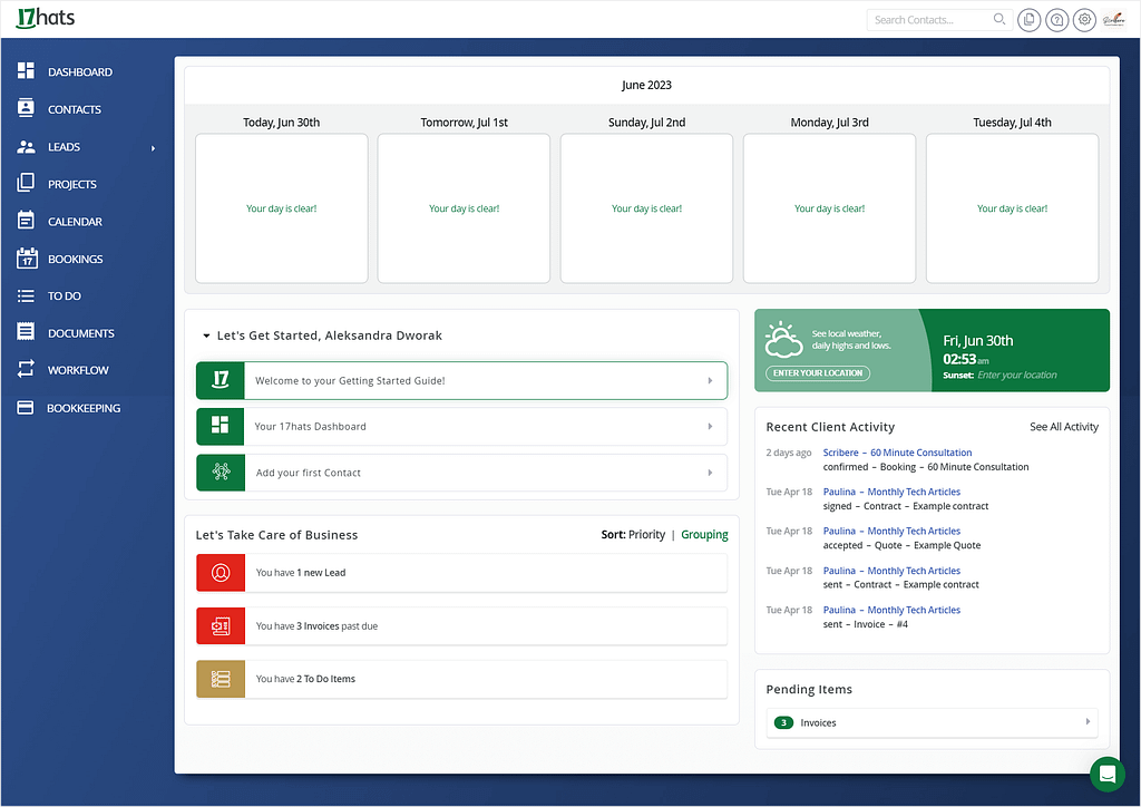17Hats' dashboard