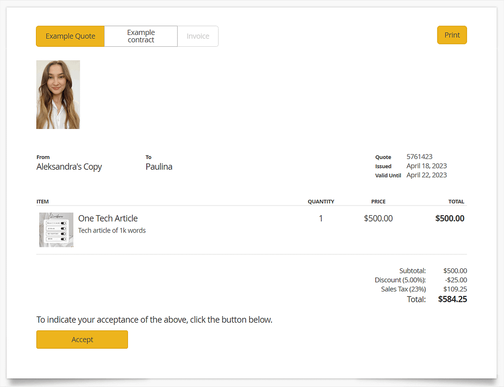 17hats quote - contract - invoice flow example