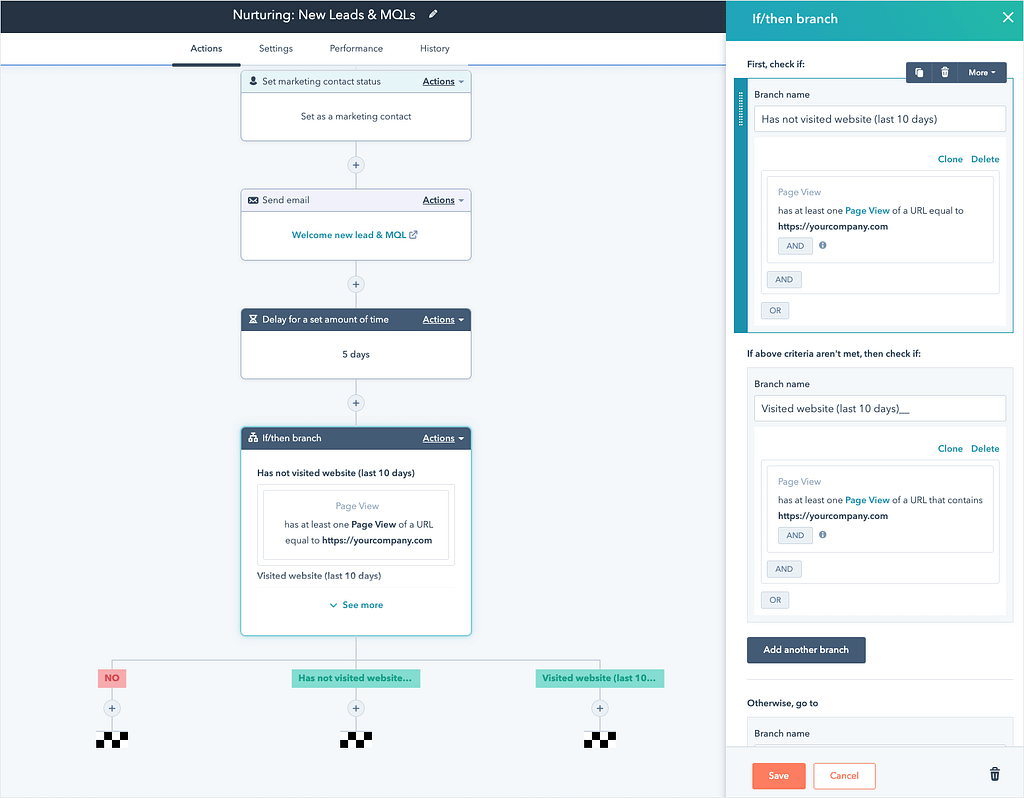 Screenshot of HubSpot's workflow automation.