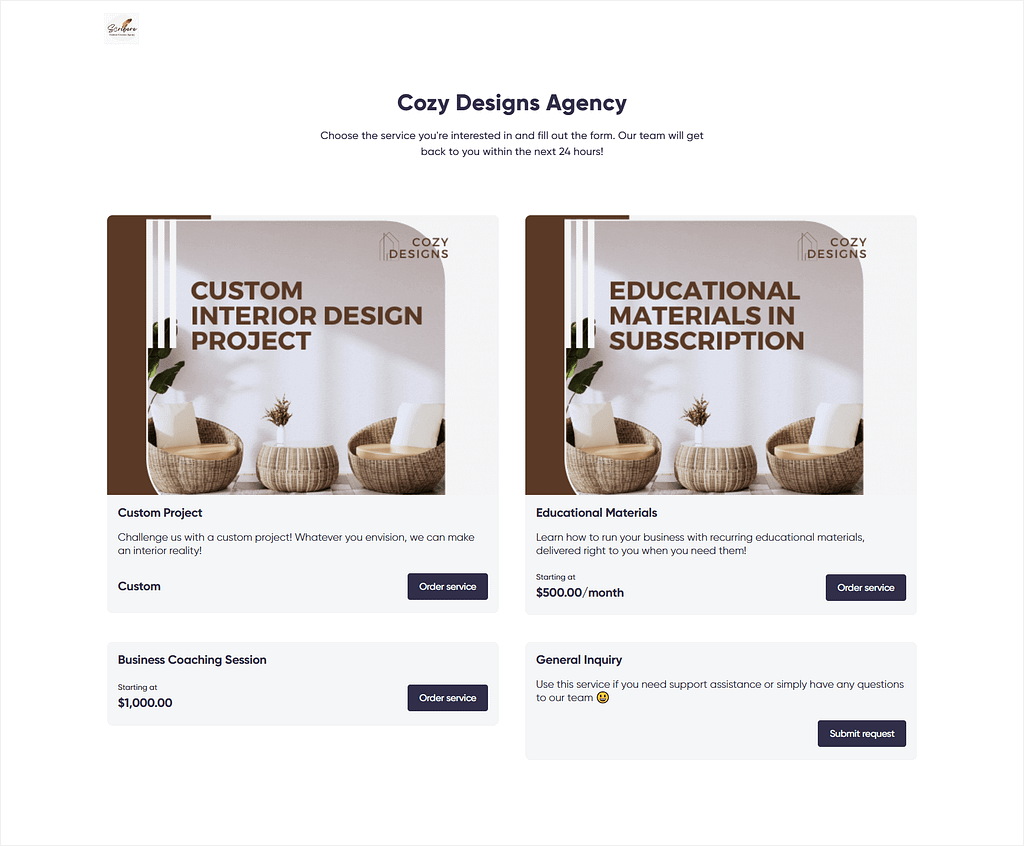 Zendo's example of a Service Catalog set up with interior design services