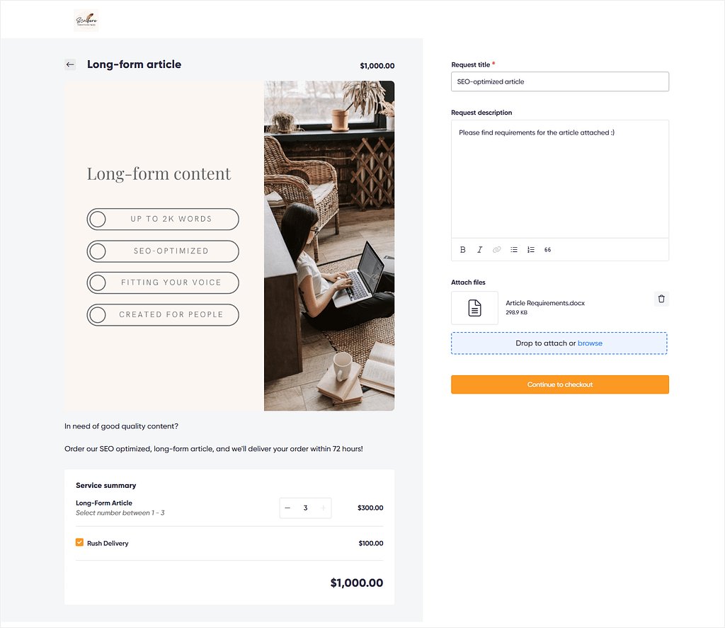 Zendo's productized service order form