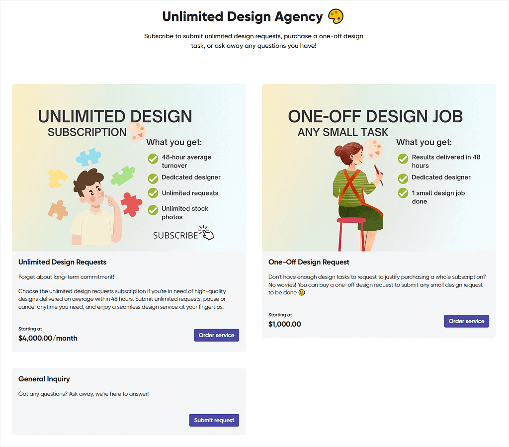Zendo: a client portal software for web designers: example Service Catalog