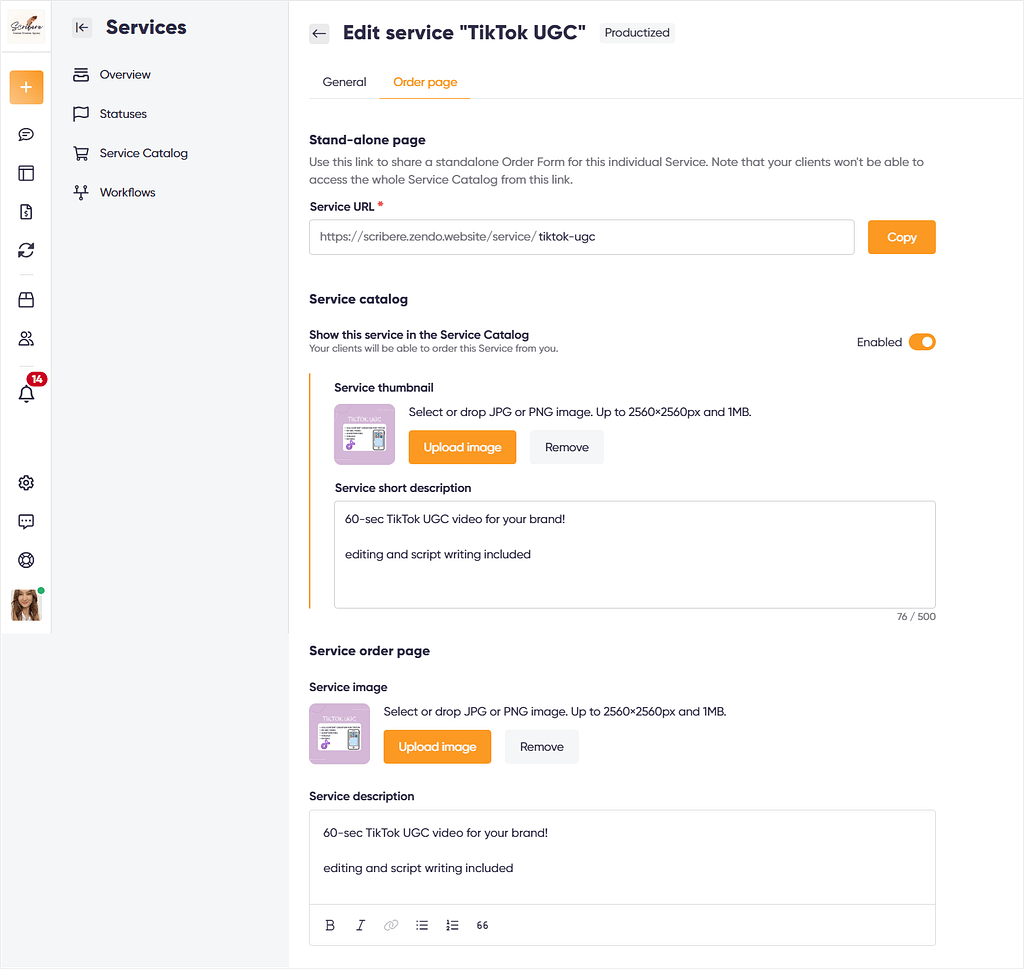 Creating a productized service in Zendo — settings view