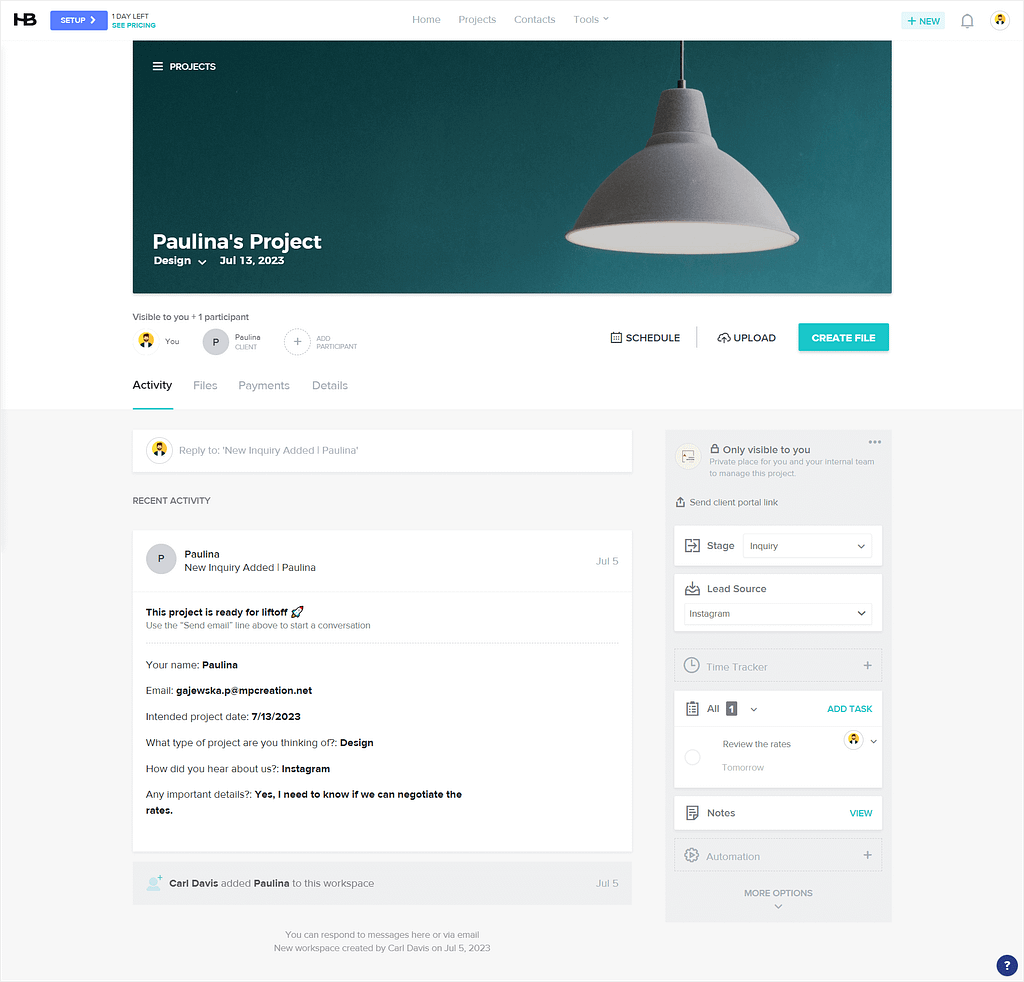 HoneyBook's specific project view with email messages for communication