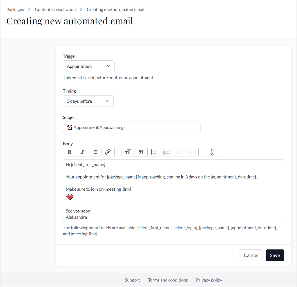 Paperbell's scheduled emails example