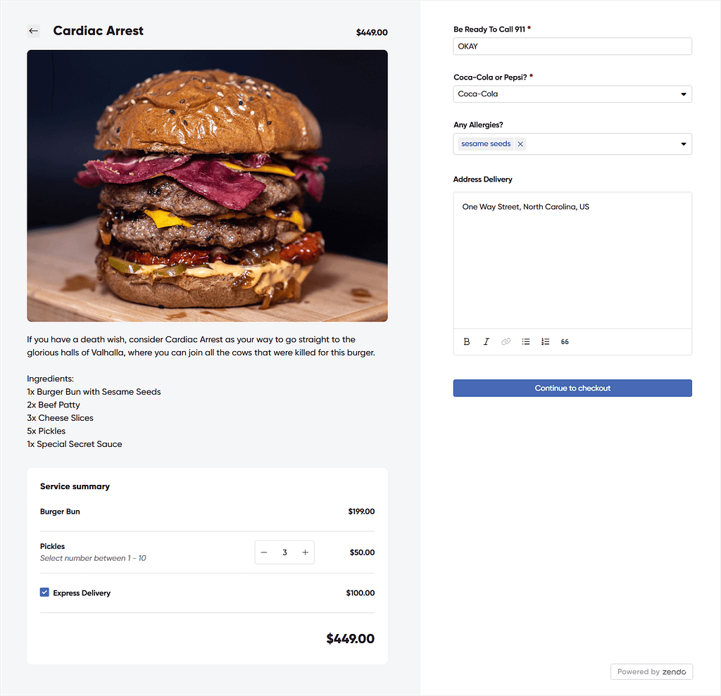 Example checkout page for one-off services sold through Zendo