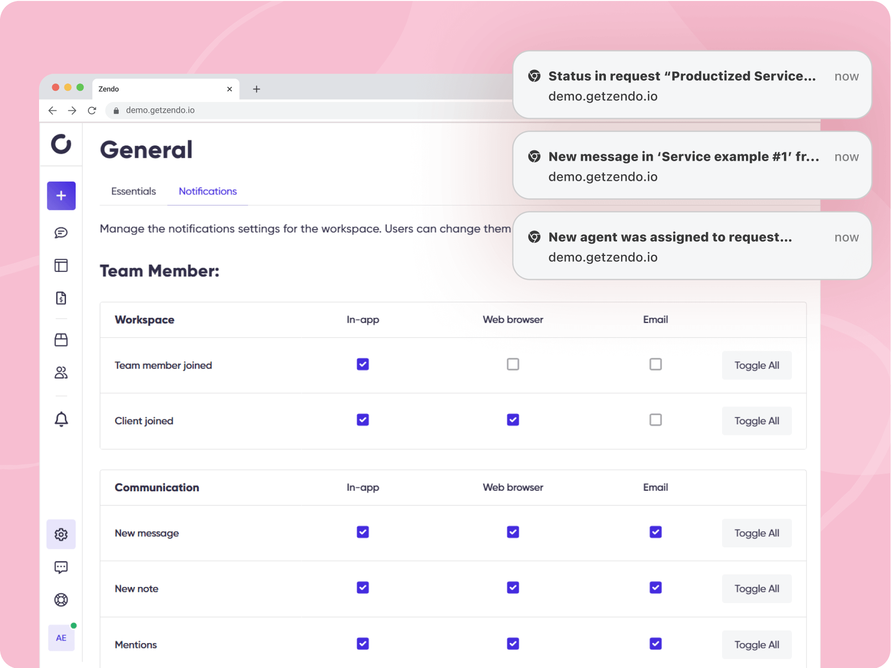 Screenshot of web-browser notifications in Zendo.