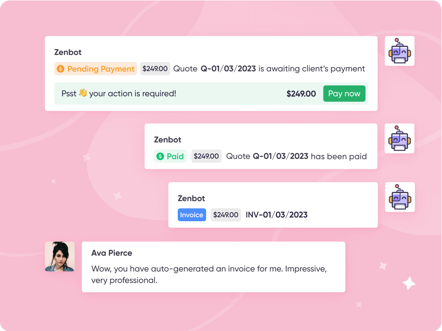 Screenshot of Zendo's Zenbot in chat.