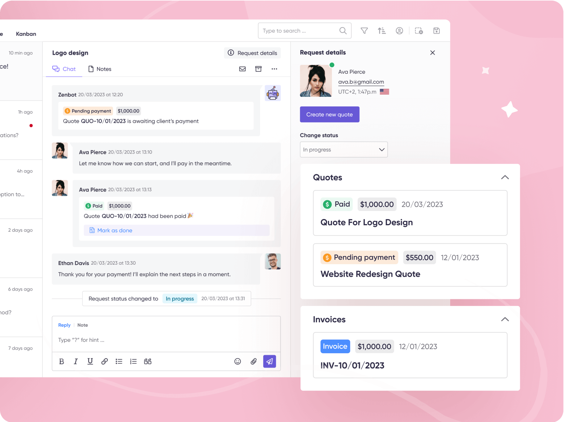Screenshot of quotes and invoices in Zendo.