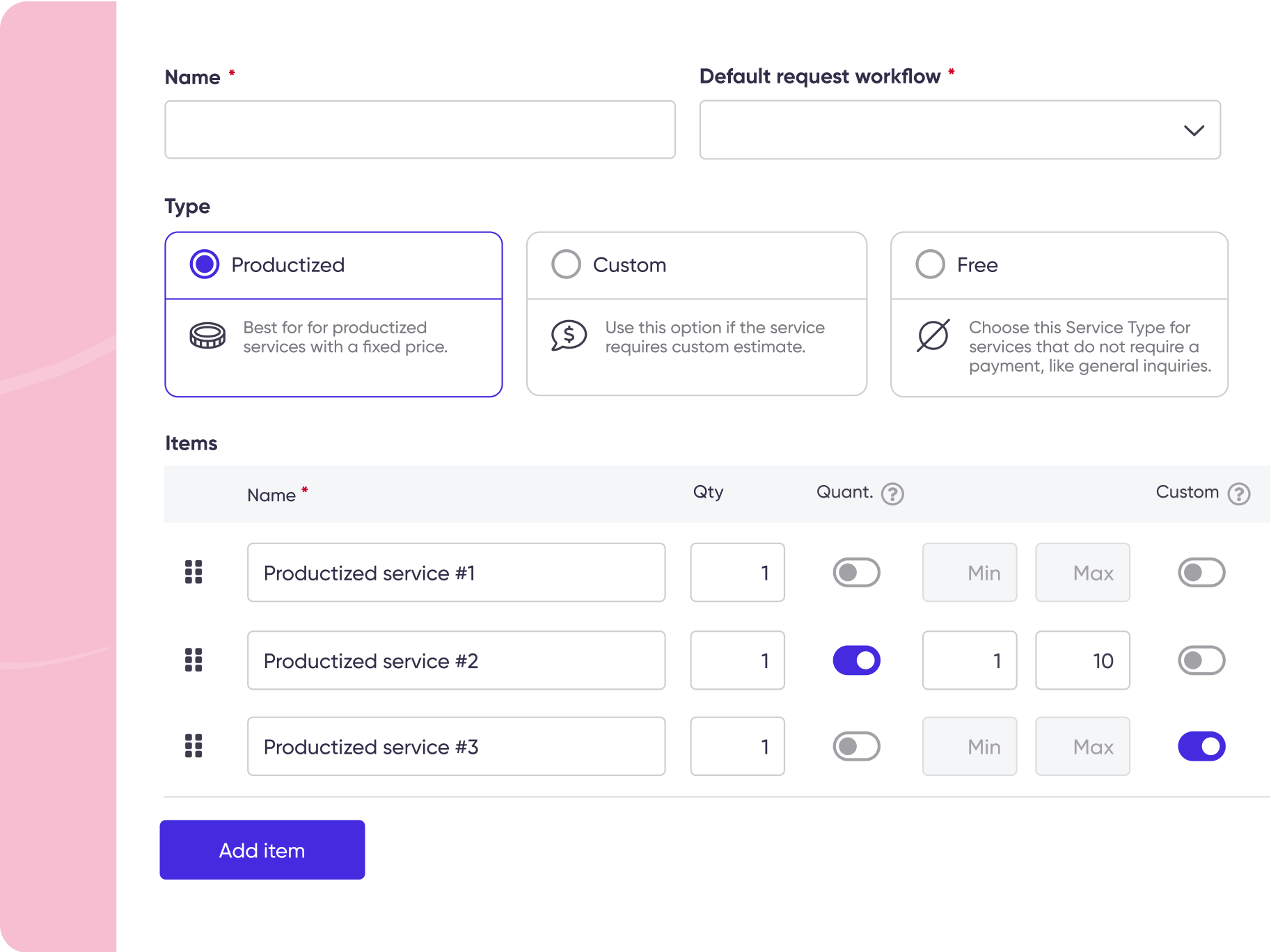 Screenshot of Zendo's service types (productized, custom, free).