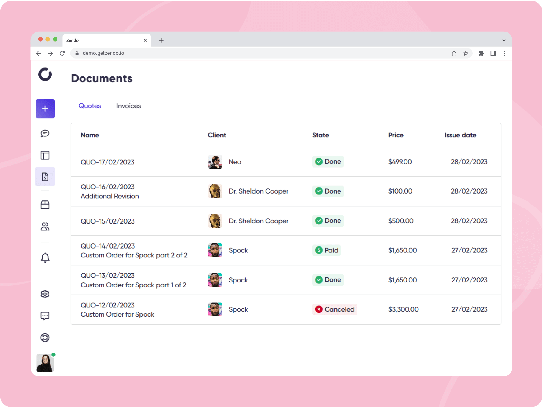 Screenshot of the documents tab in Zendo.