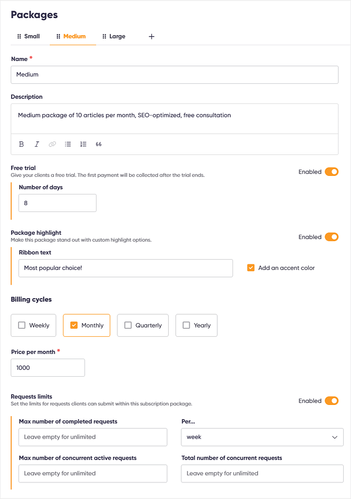 Creating subcription packages in Zendo