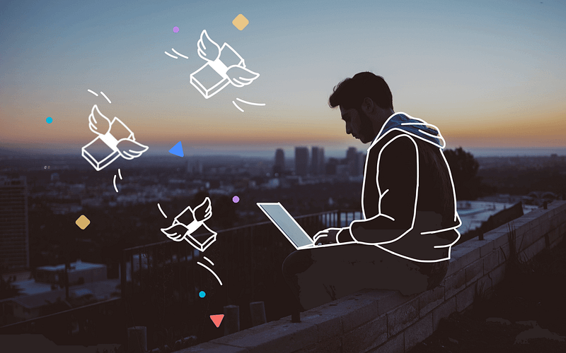 How to make money on fiverr header presenting a working freelancer on a rooftop with a city landscape at night.