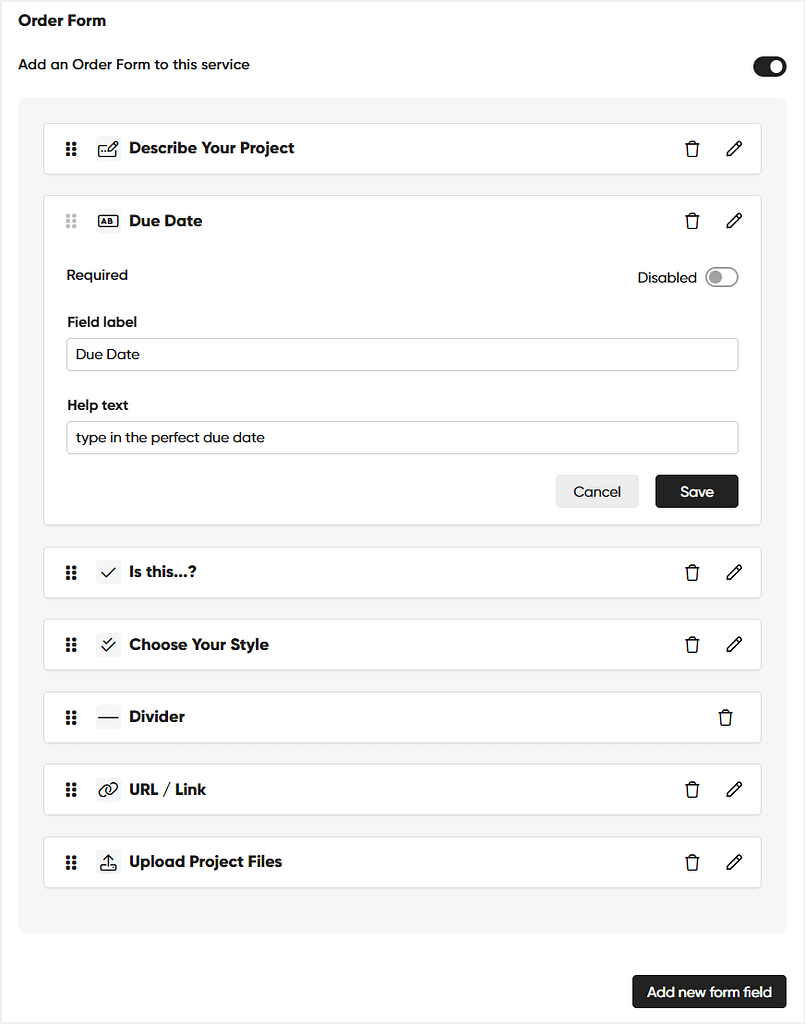 Example order form for selling web design services in Zendo