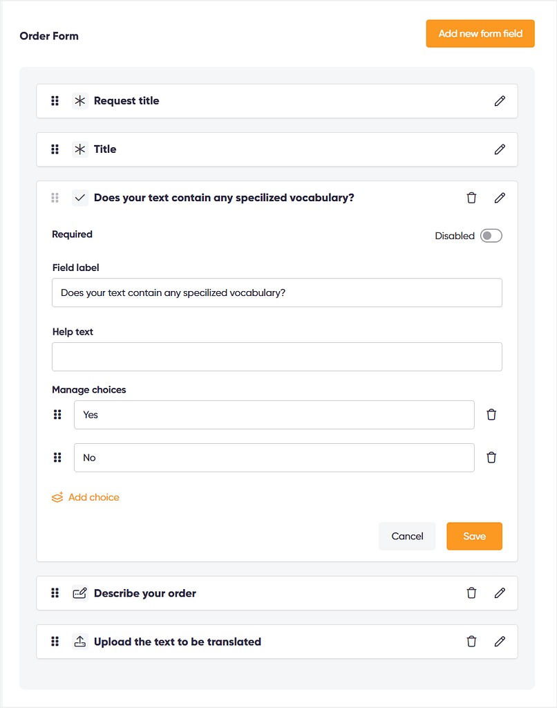 Customizable order form in Zendo