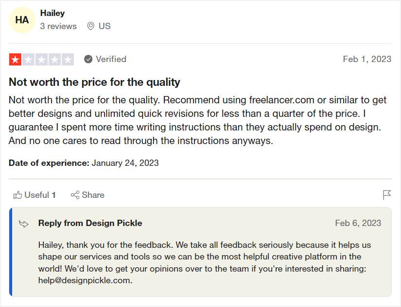 Example review of Design Pickle published on Trust Pilot, talking about the quality of the designs