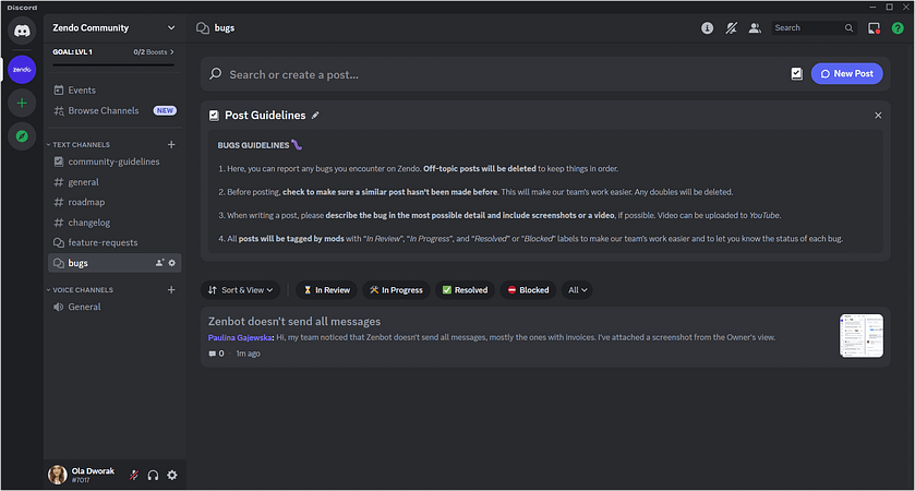 Zendo's Discord community and bugs forum