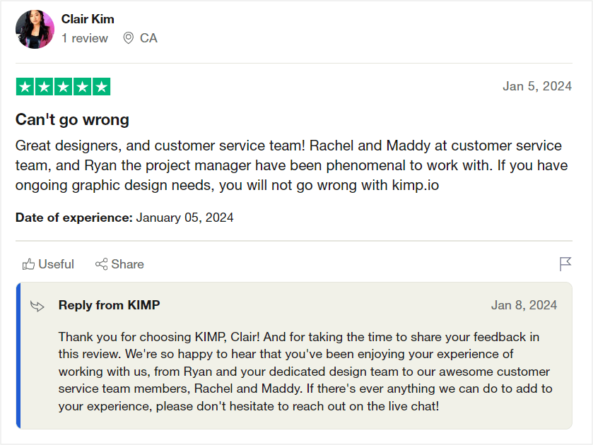 Example review of Kimp from Trust Pilot