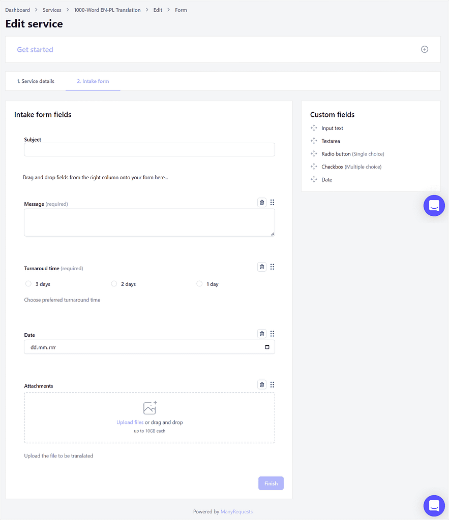 Working on an intake form in ManyRequests