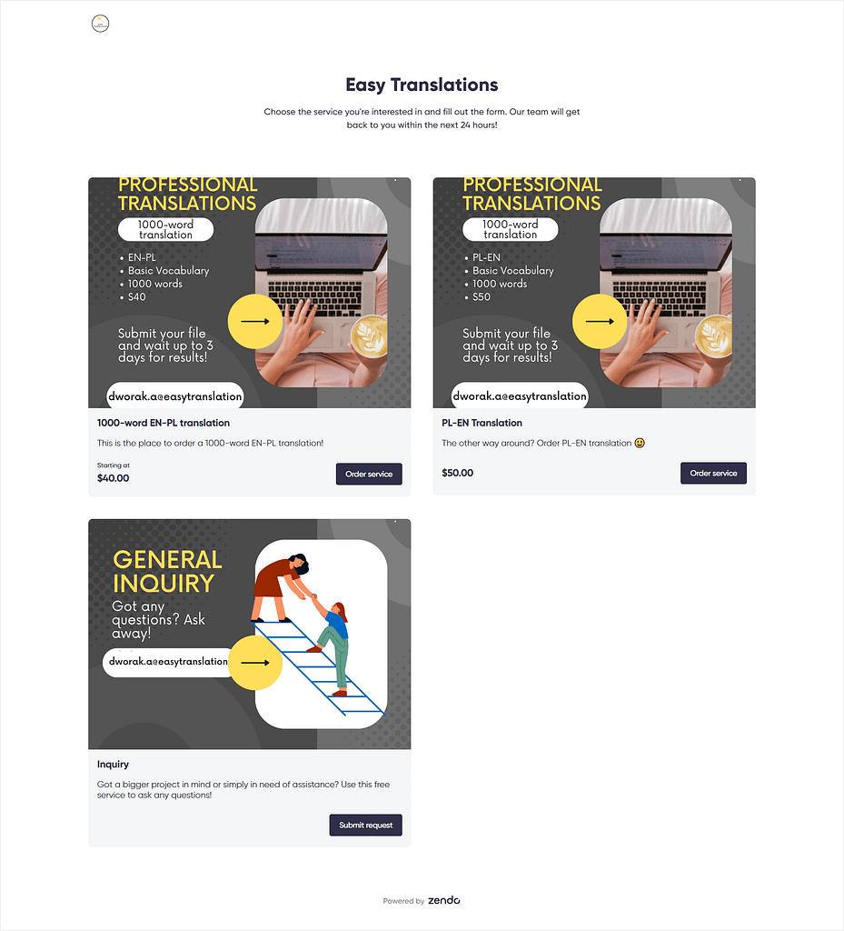 Productized service software: Zendo: end result on a Service Catalog