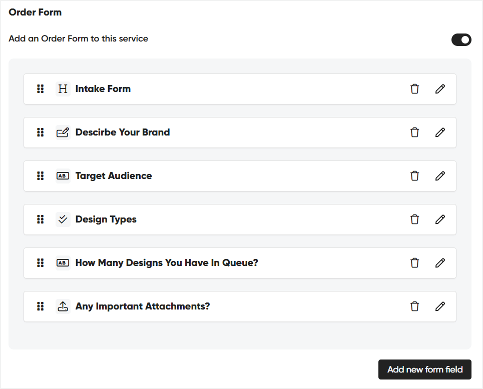 Example custom order form in Zendo