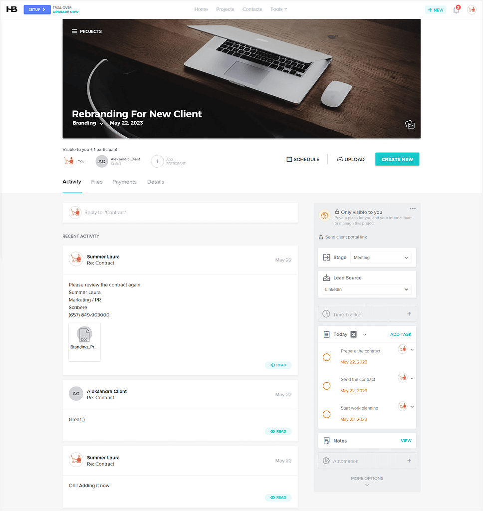 HoneyBook's client portal - collaborative project workspace example