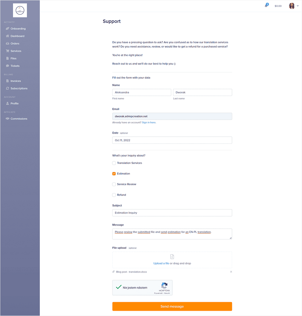 support-dedicated form created in Service Provider Pro